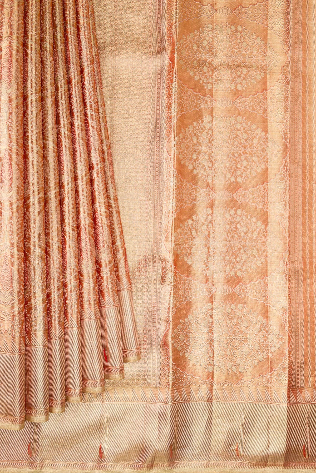 Pleats and pallu of Gold with Red Color Kanjivaram Tissue Saree with Zari Brocade on the body and Paithani Border. 