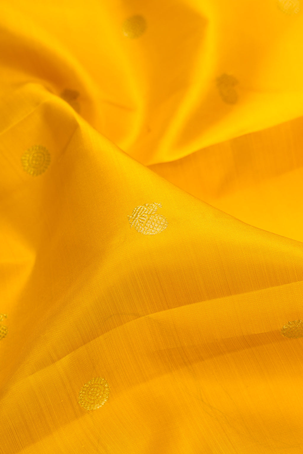 Close up of Pure Silk Mustard Kanjivaram Saree with Zari Butta on the body and Zari Border.  displaying folds