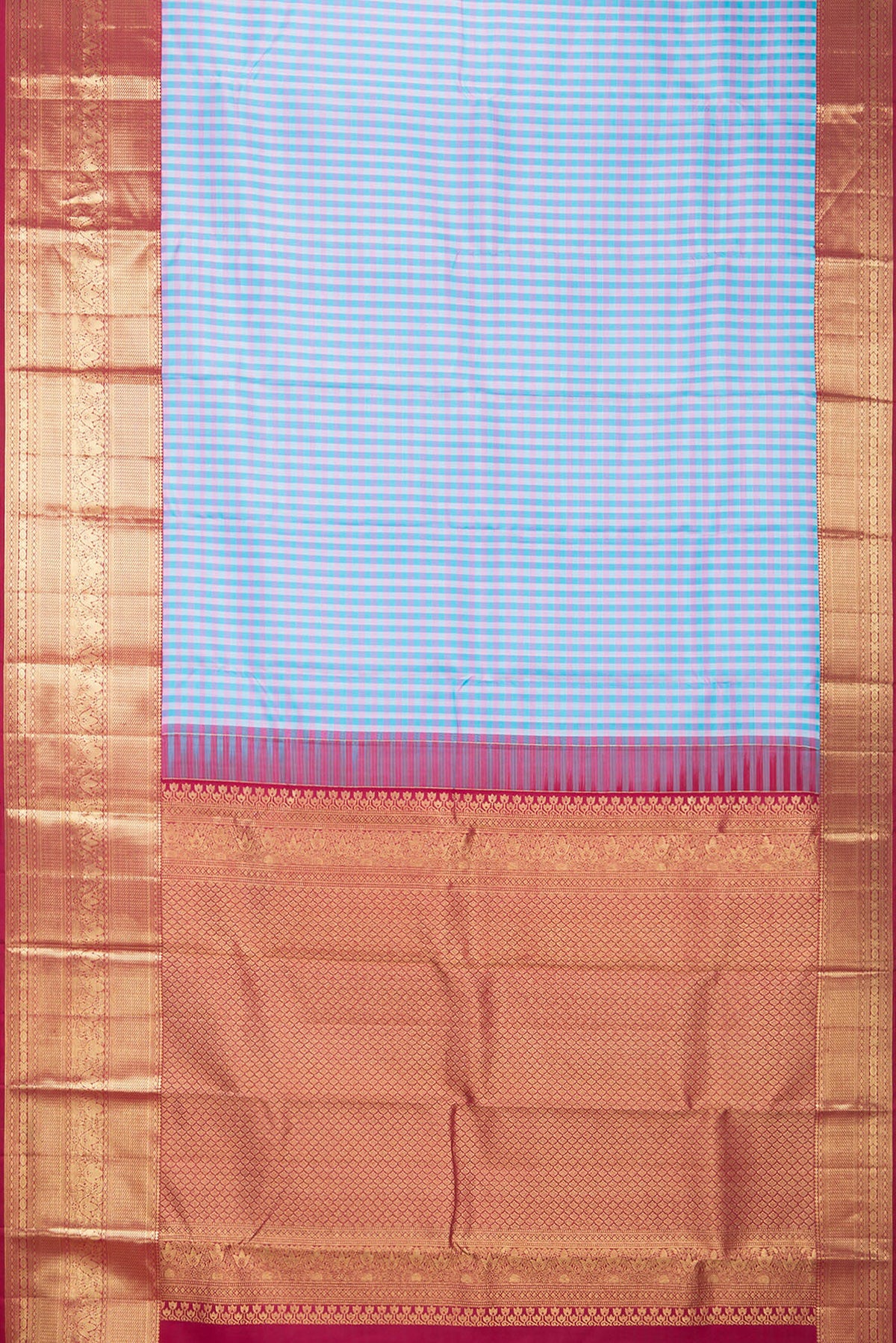 Flat view of Pure Silk Multi Color Kanjivaram Saree with Checked design on the body and Zari Border. 