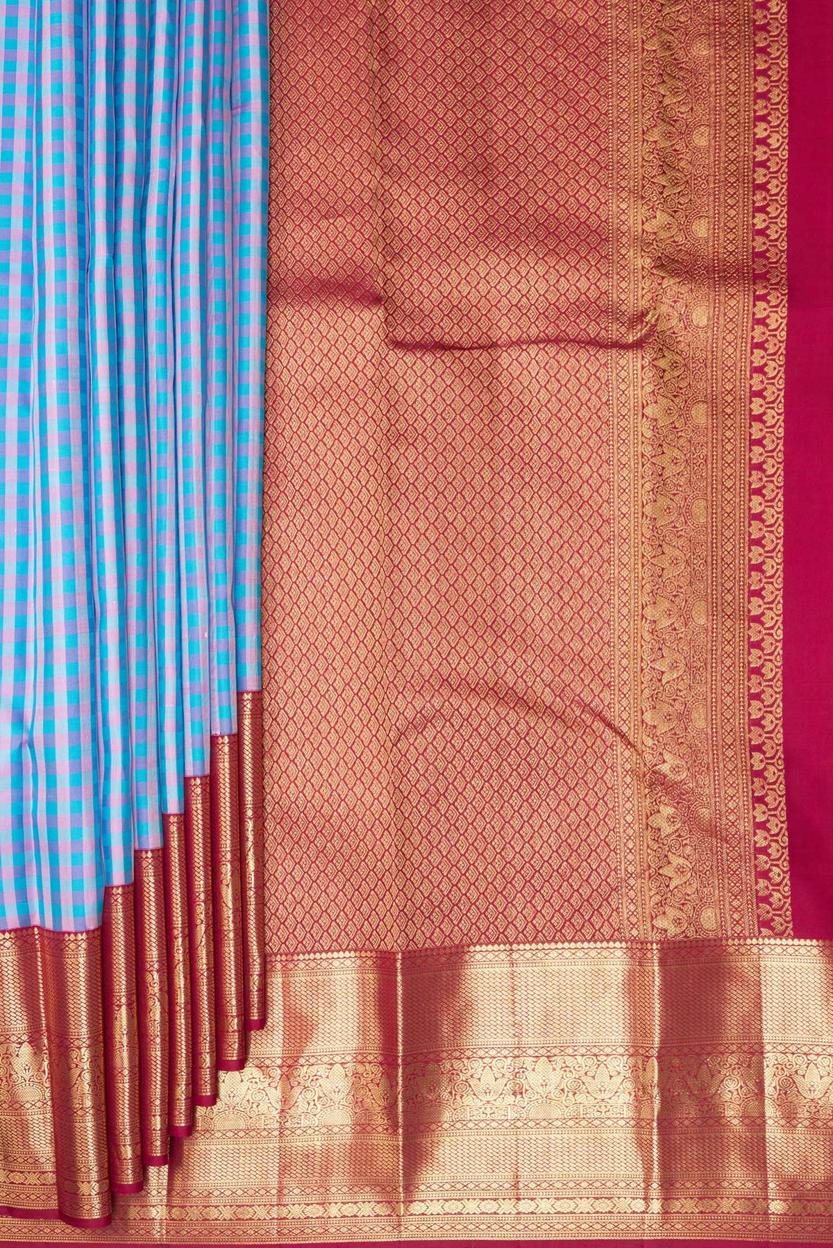 Pleats and pallu of Pure Silk Multi Color Kanjivaram Saree with Checked design on the body and Zari Border. 