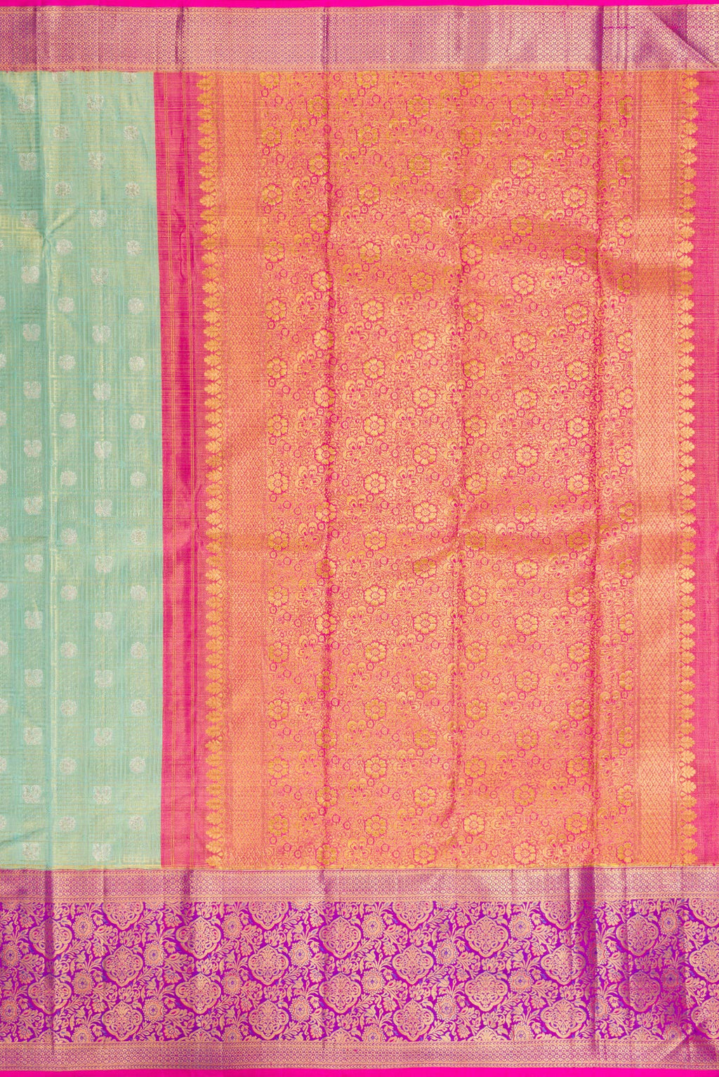 Close up image of the pallu of Sea Green Dual Tone Kanchipuram Tissue Saree with Zari Brocade on the body and Fancy Border. 