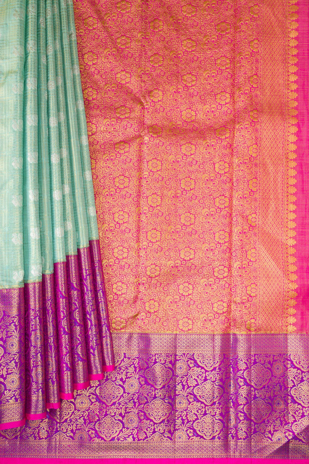 Pleats and pallu of Sea Green Dual Tone Kanchipuram Tissue Saree with Zari Brocade on the body and Fancy Border. 