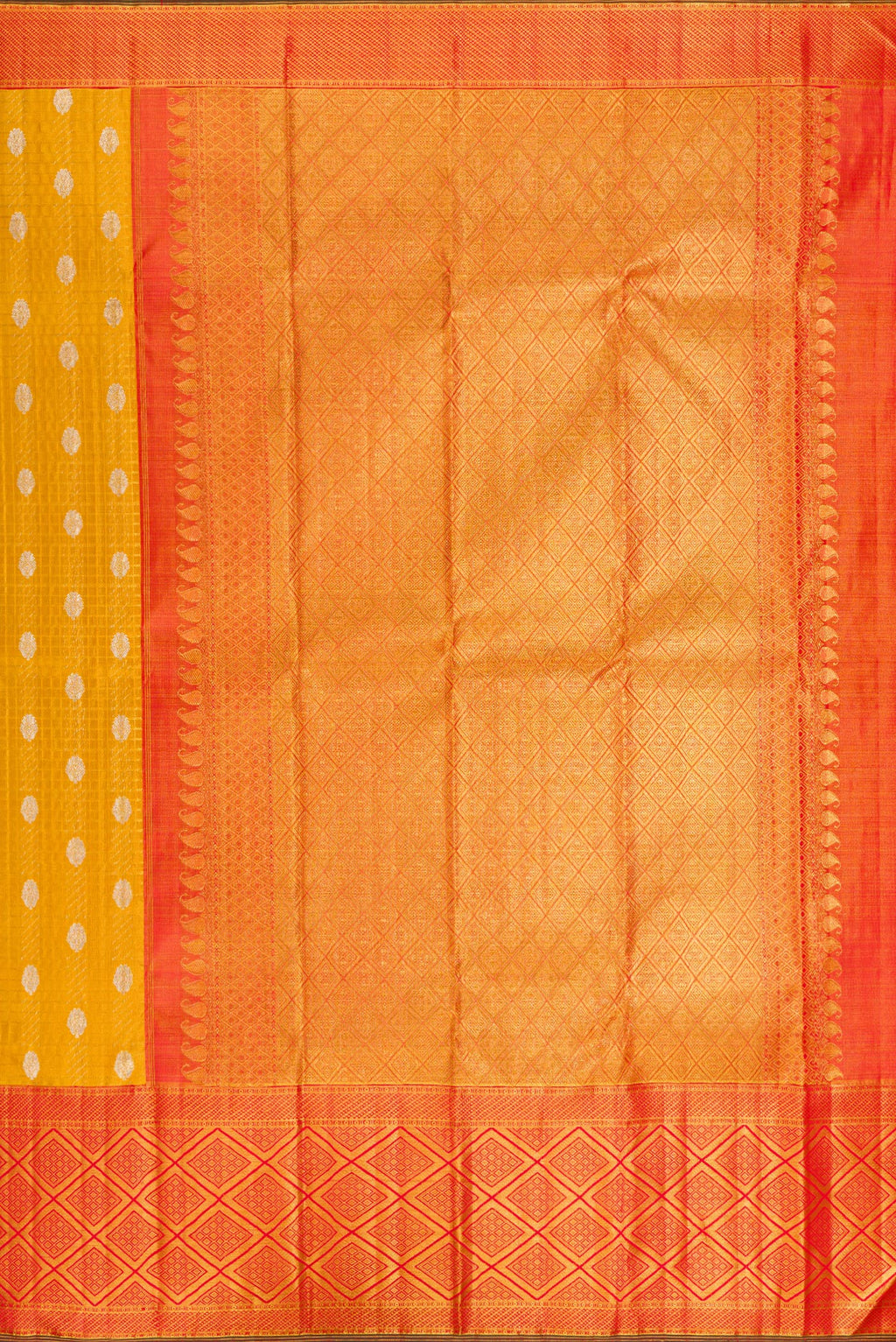 Close up image of the pallu of Mustard Kanchipuram Tissue Saree with Zari Brocade on the body and Fancy Border. 
