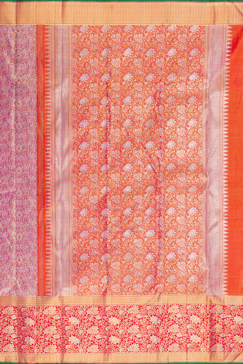 Close up image of the pallu of Pure Silk Pure Zari Purple Dual Tone Kanchipuram Tissue Saree with Zari Brocade on the body and Zari Border. 