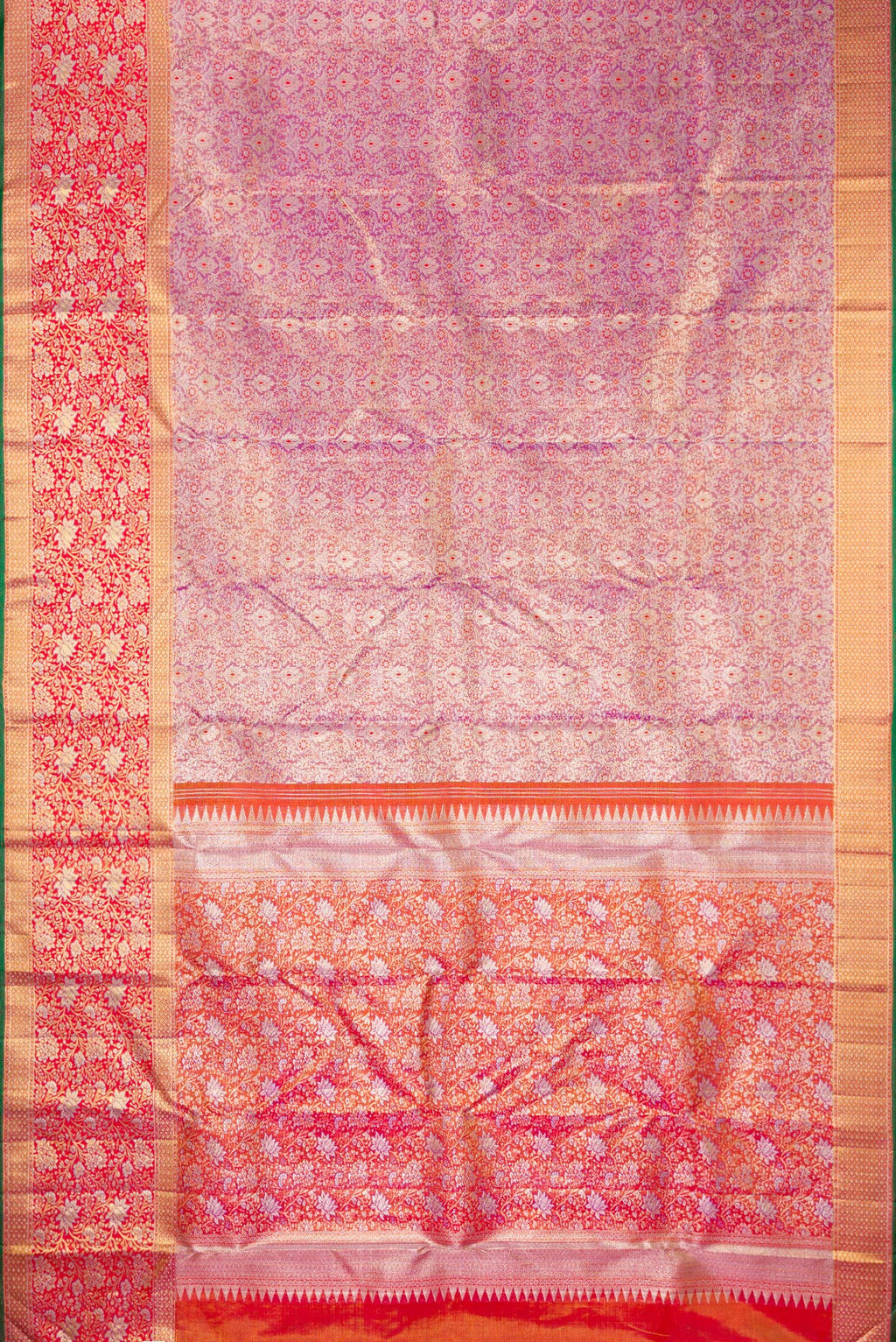 Flat view of Pure Silk Pure Zari Purple Dual Tone Kanchipuram Tissue Saree with Zari Brocade on the body and Zari Border. 