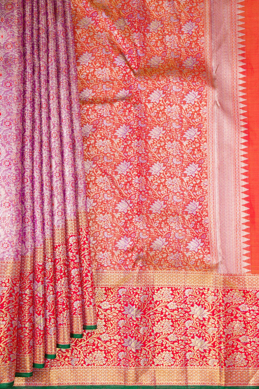 Pleats and pallu of Pure Silk Pure Zari Purple Dual Tone Kanchipuram Tissue Saree with Zari Brocade on the body and Zari Border. 