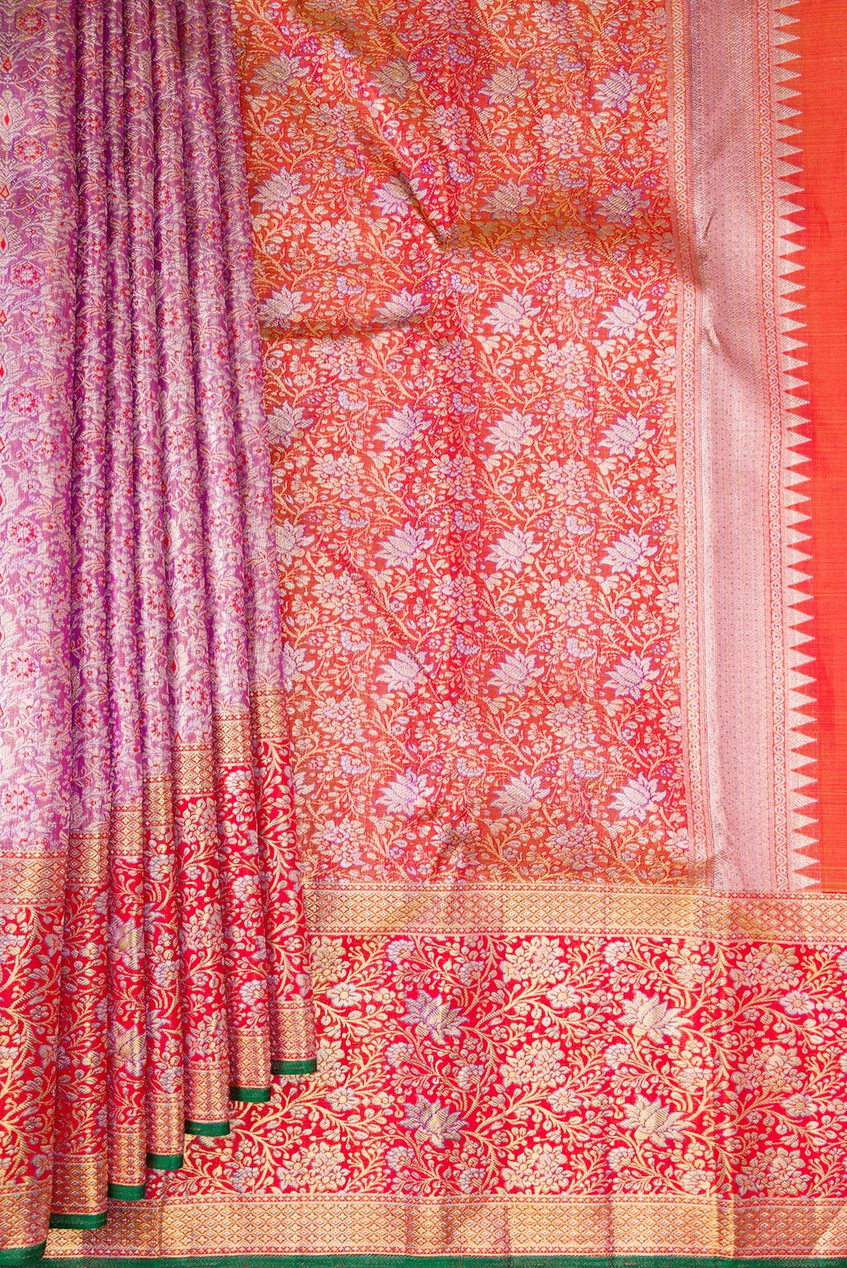 Pleats and pallu of Pure Silk Pure Zari Purple Dual Tone Kanchipuram Tissue Saree with Zari Brocade on the body and Zari Border. 