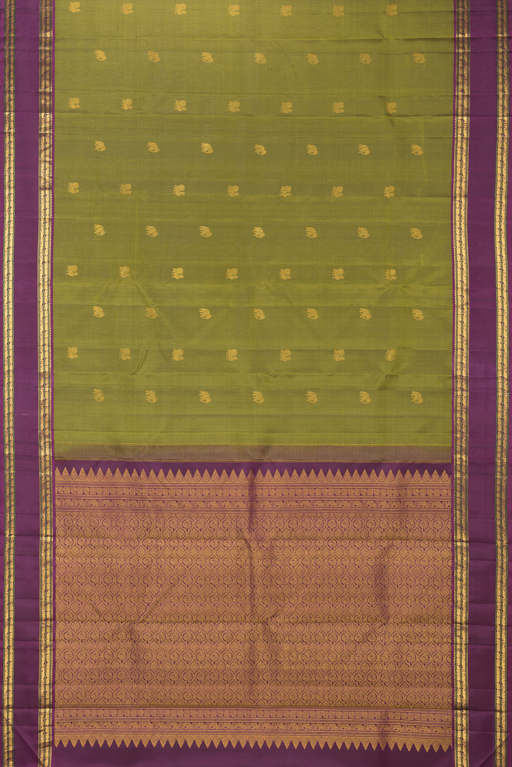 Flat view of Pure Silk Mehandi Green Kanjivaram Saree with Zari Butta on the body and Zari Border. 