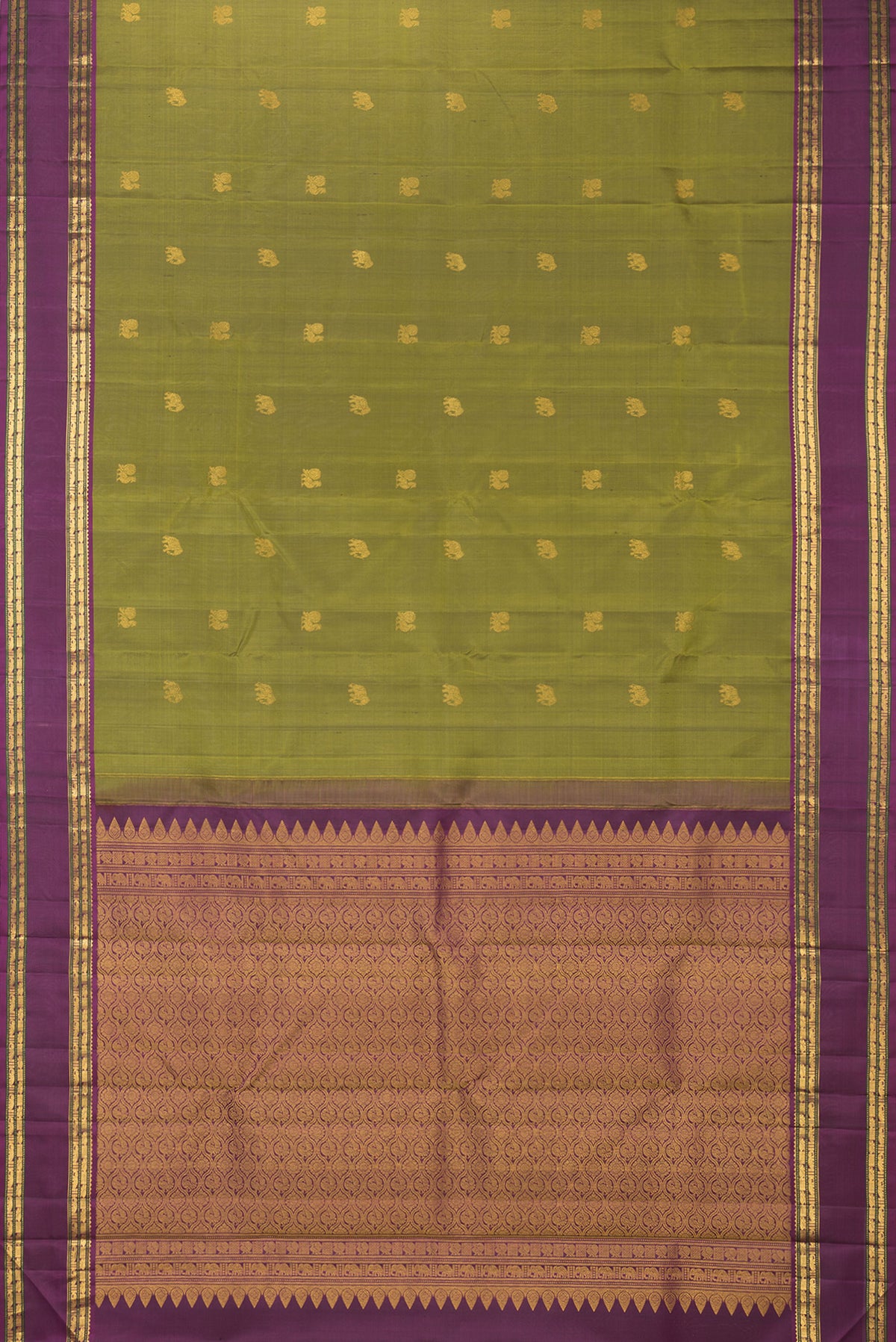 Flat view of Pure Silk Mehandi Green Kanjivaram Saree with Zari Butta on the body and Zari Border. 