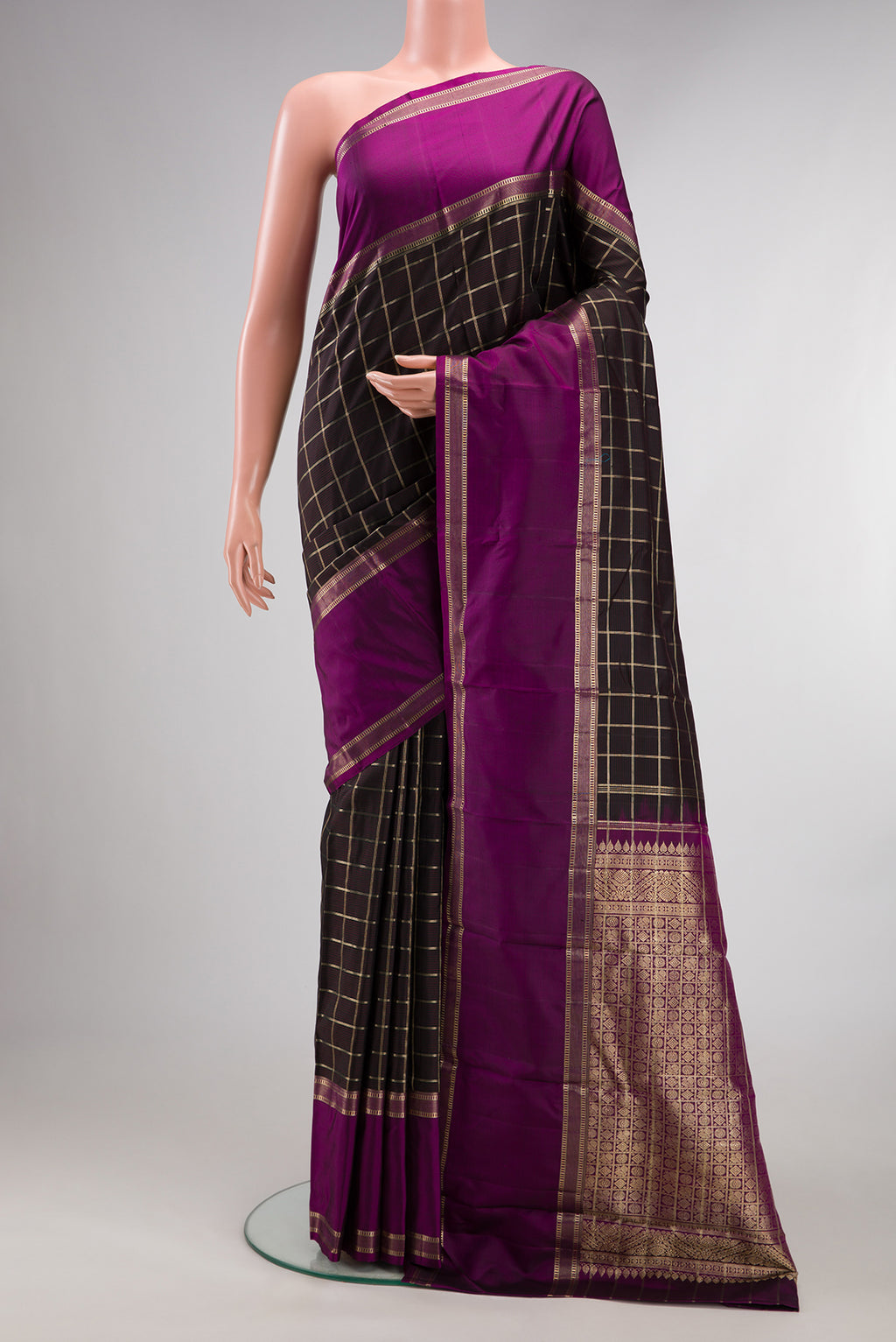 Pure Silk Coffee Brown Kanjivaram Saree with Checked design on the body and Zari Border.  displayed on a mannequin
