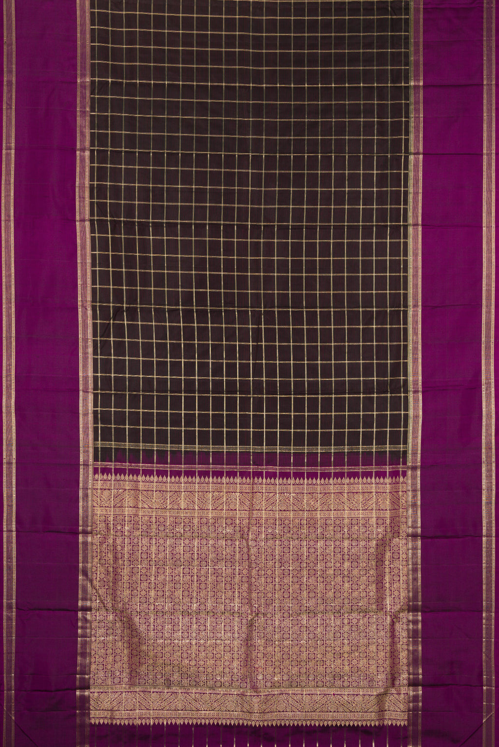 Flat view of Pure Silk Coffee Brown Kanjivaram Saree with Checked design on the body and Zari Border. 