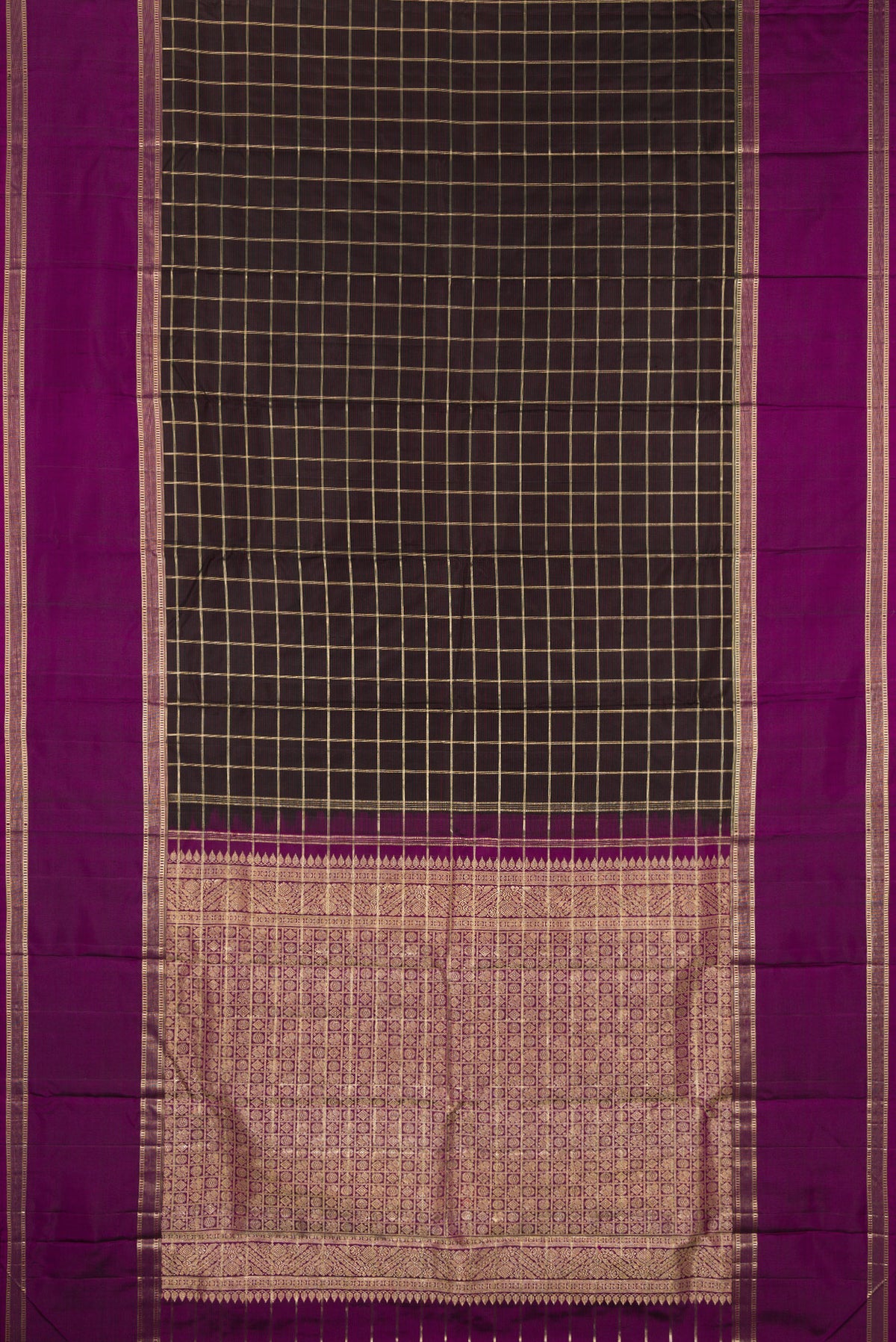 Flat view of Pure Silk Coffee Brown Kanjivaram Saree with Checked design on the body and Zari Border. 