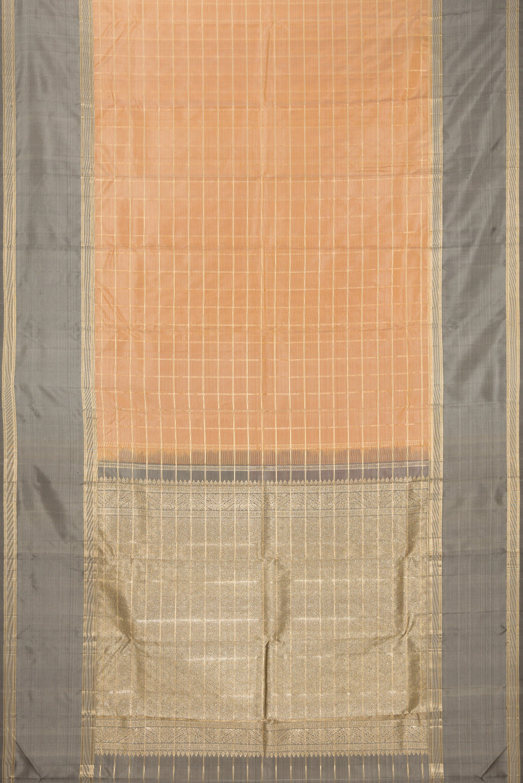 Flat view of Pure Silk Sandal Kanjivaram Saree with Checked design on the body and Zari Border. 