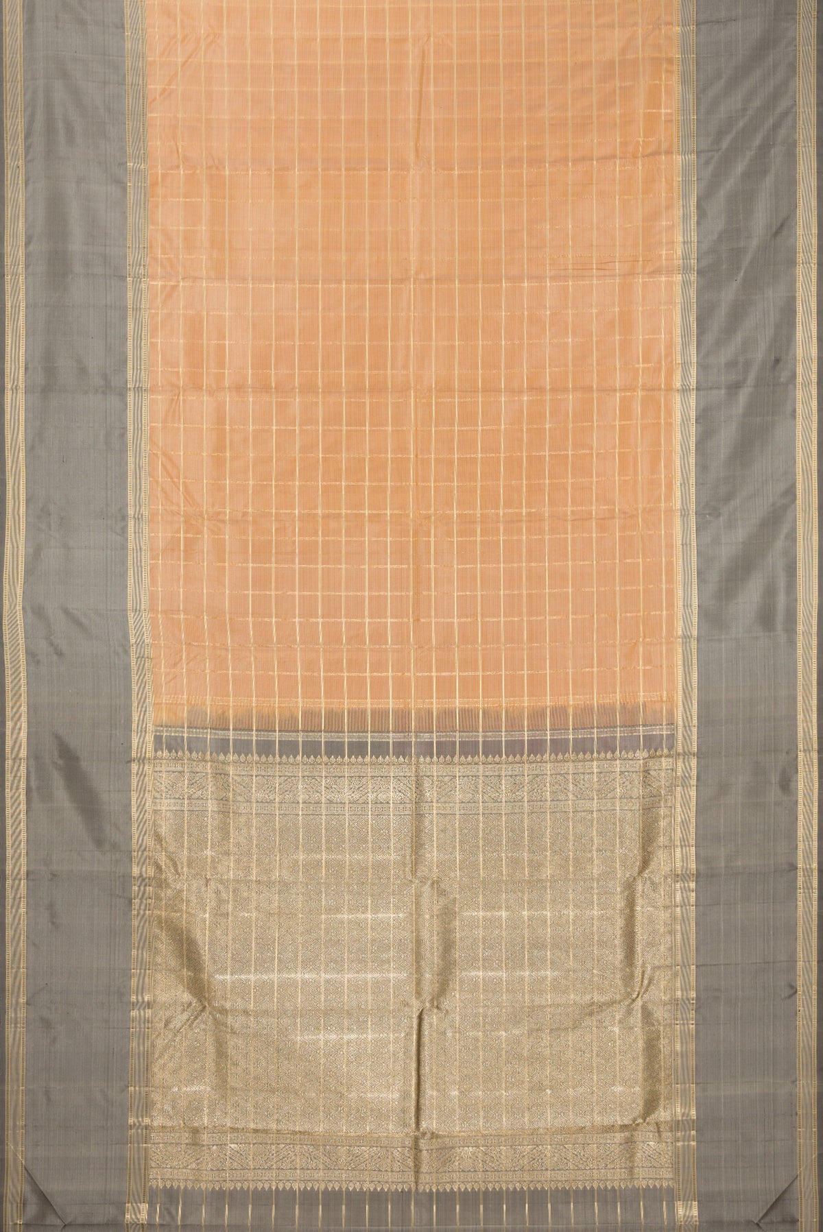 Flat view of Pure Silk Sandal Kanjivaram Saree with Checked design on the body and Zari Border. 