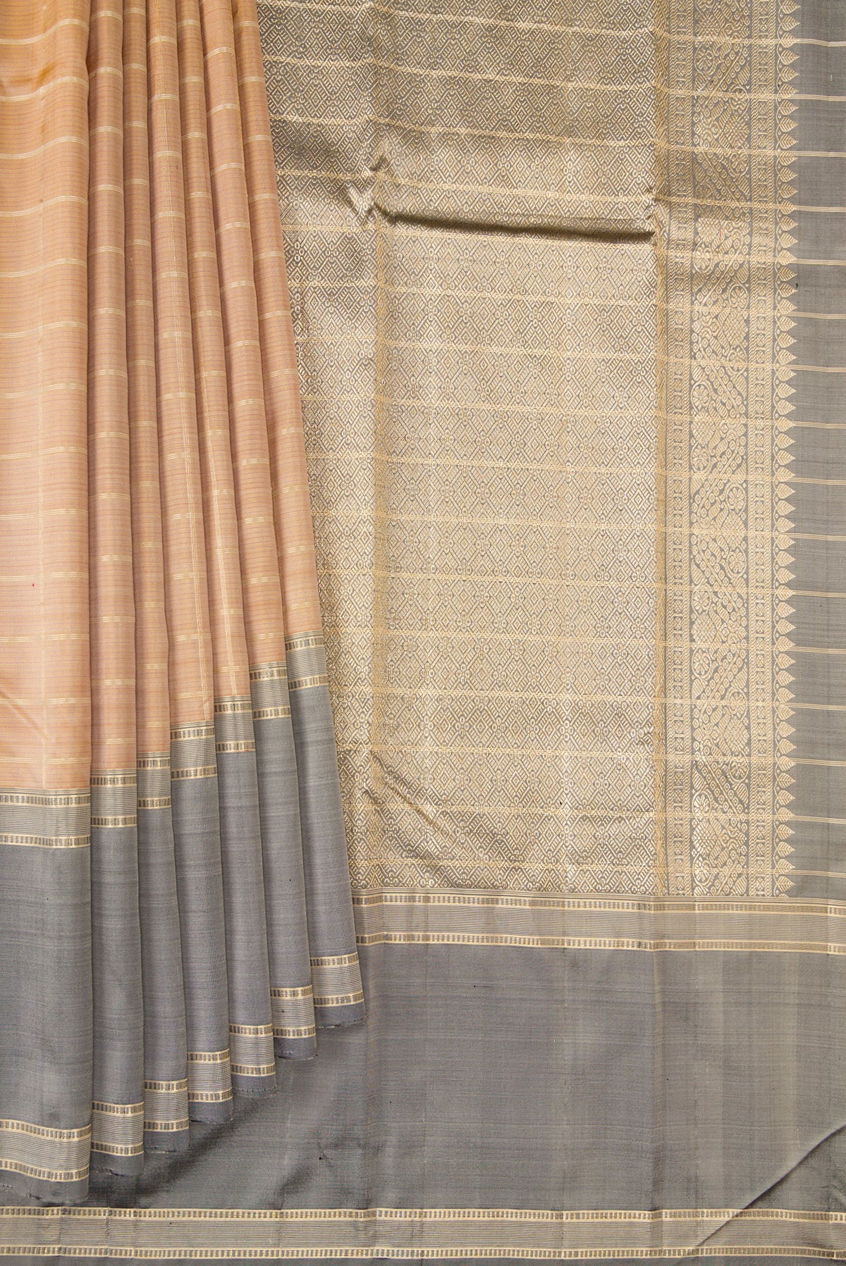 Pleats and pallu of Pure Silk Sandal Kanjivaram Saree with Checked design on the body and Zari Border. 