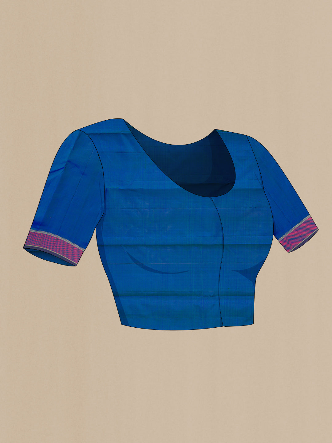 Close up image of the blouse of Pure Silk Peacock Blue Dual Tone Kanjivaram Saree with Thread Butta on the body and Thread Border. 