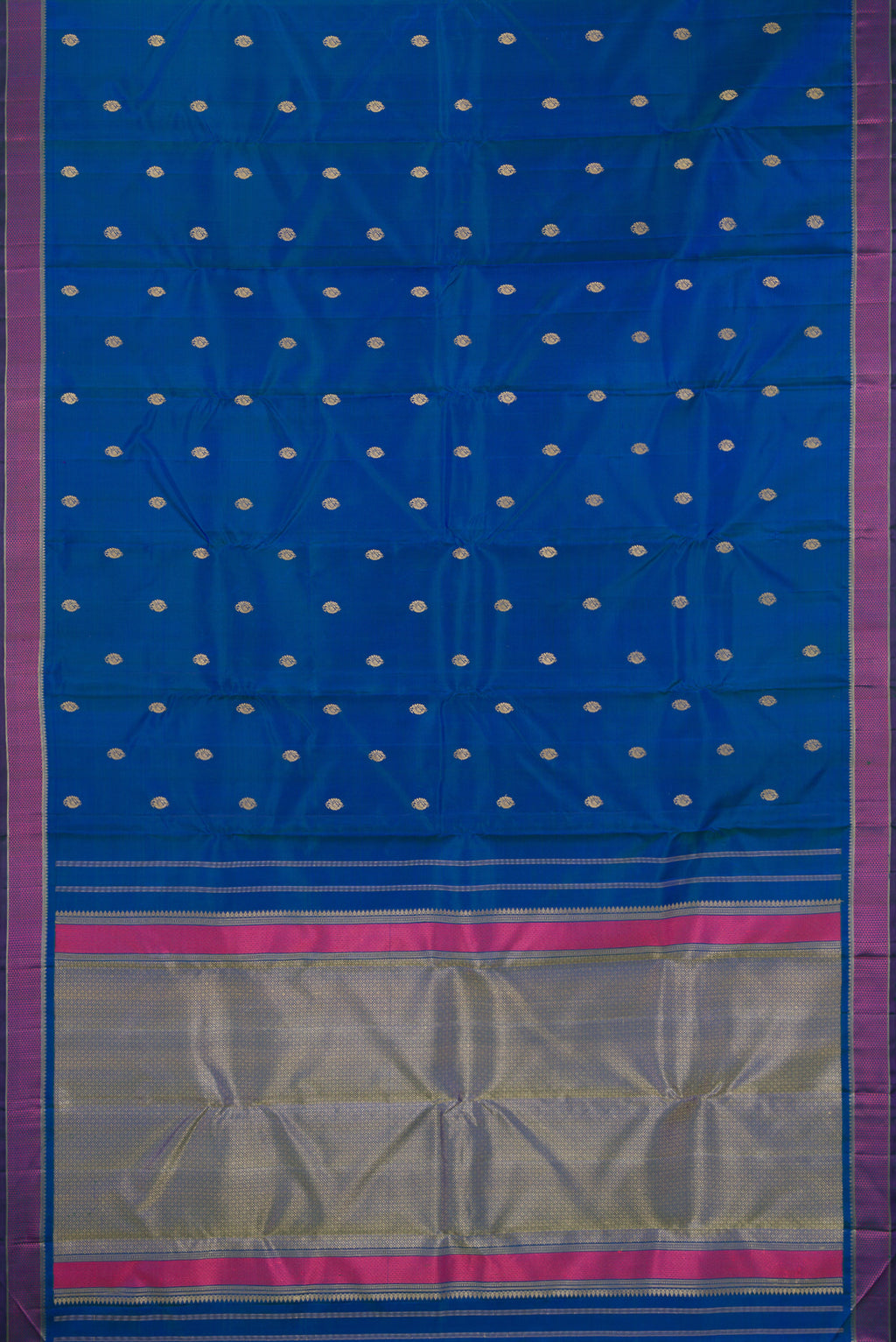 Flat view of Pure Silk Peacock Blue Dual Tone Kanjivaram Saree with Thread Butta on the body and Thread Border. 