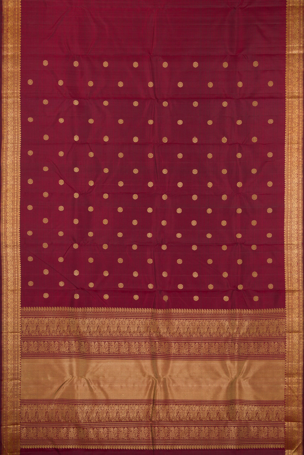 Flat view of Pure Silk Maroon Kanjivaram Saree with Thread Butta on the body and Thread Border. 