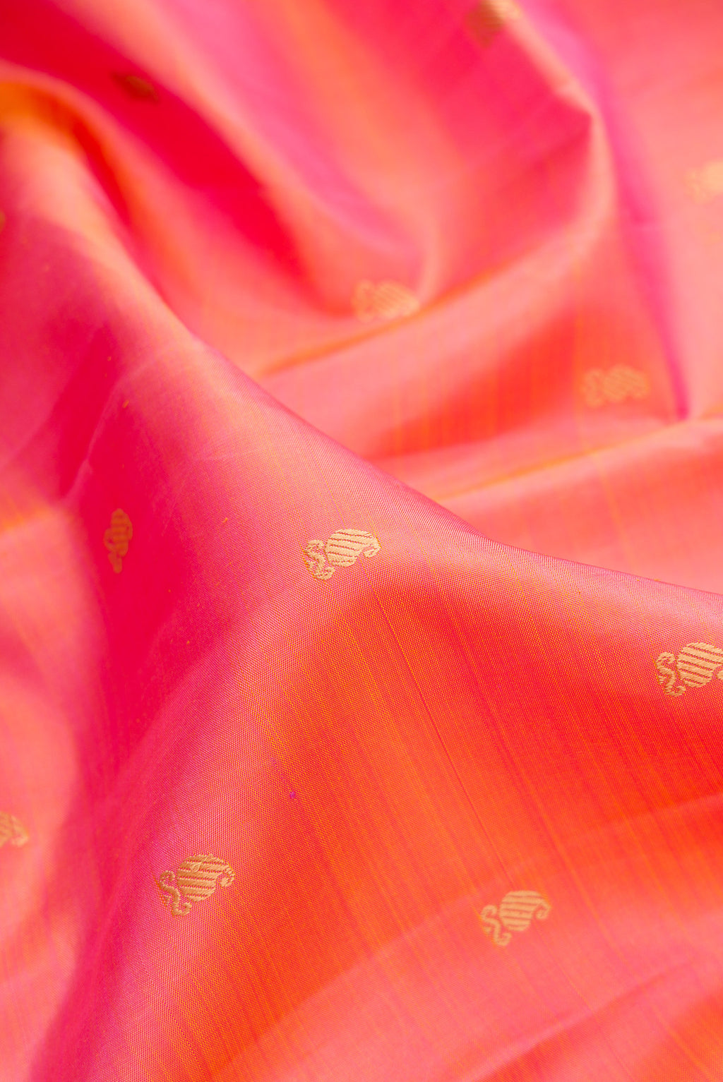 Close up of Pure Silk Pinkish Yellow Dual Tone Kanjivaram Saree with Thread Butta on the body and Thread Border.  displaying folds