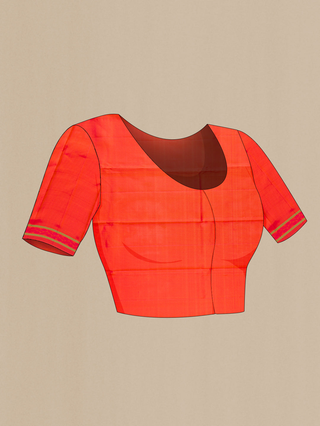 Close up image of the blouse of Pure Silk Orange Kanchipuram Saree with Thread Butta on the body and Thread Border. 