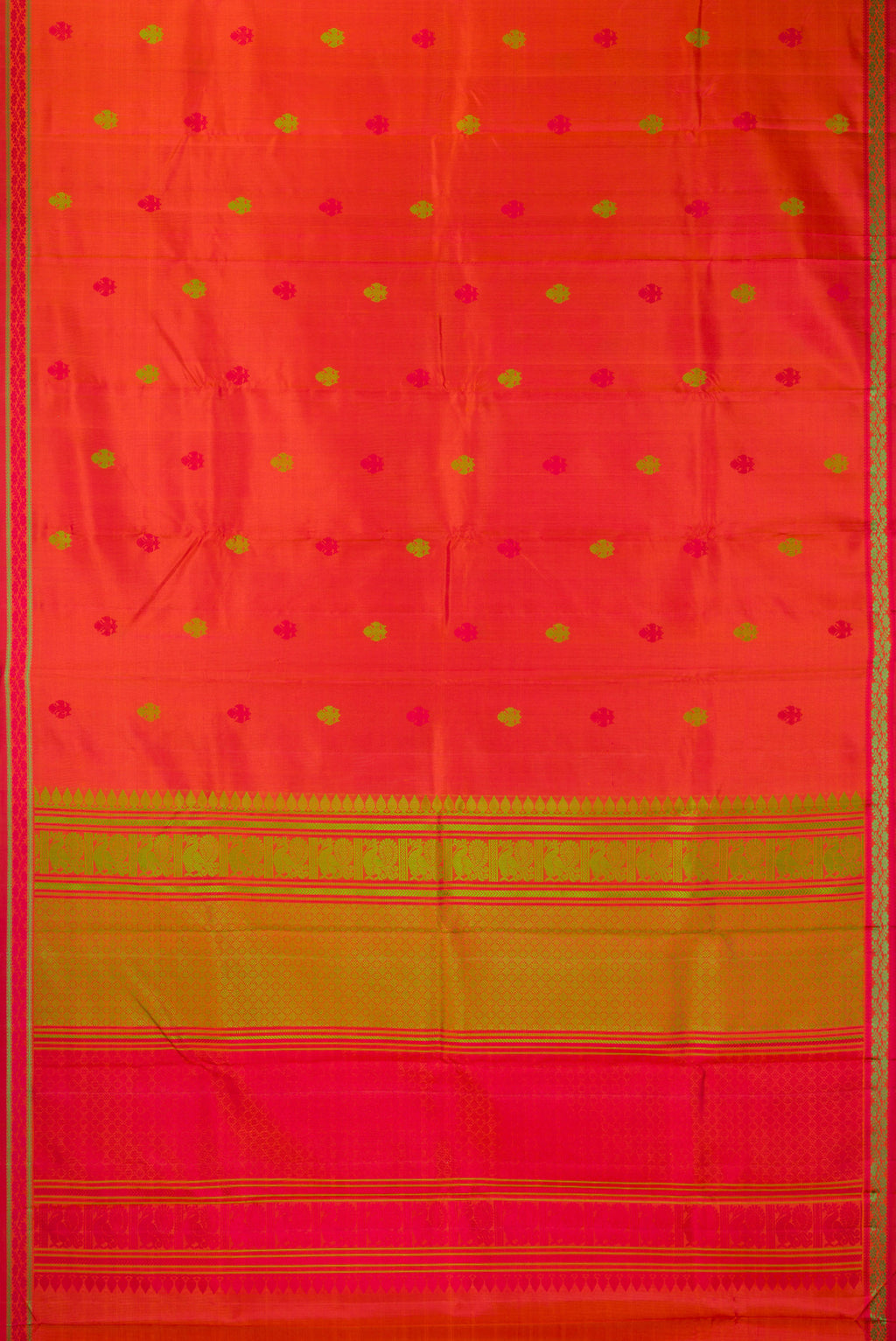 Flat view of Pure Silk Orange Kanchipuram Saree with Thread Butta on the body and Thread Border. 