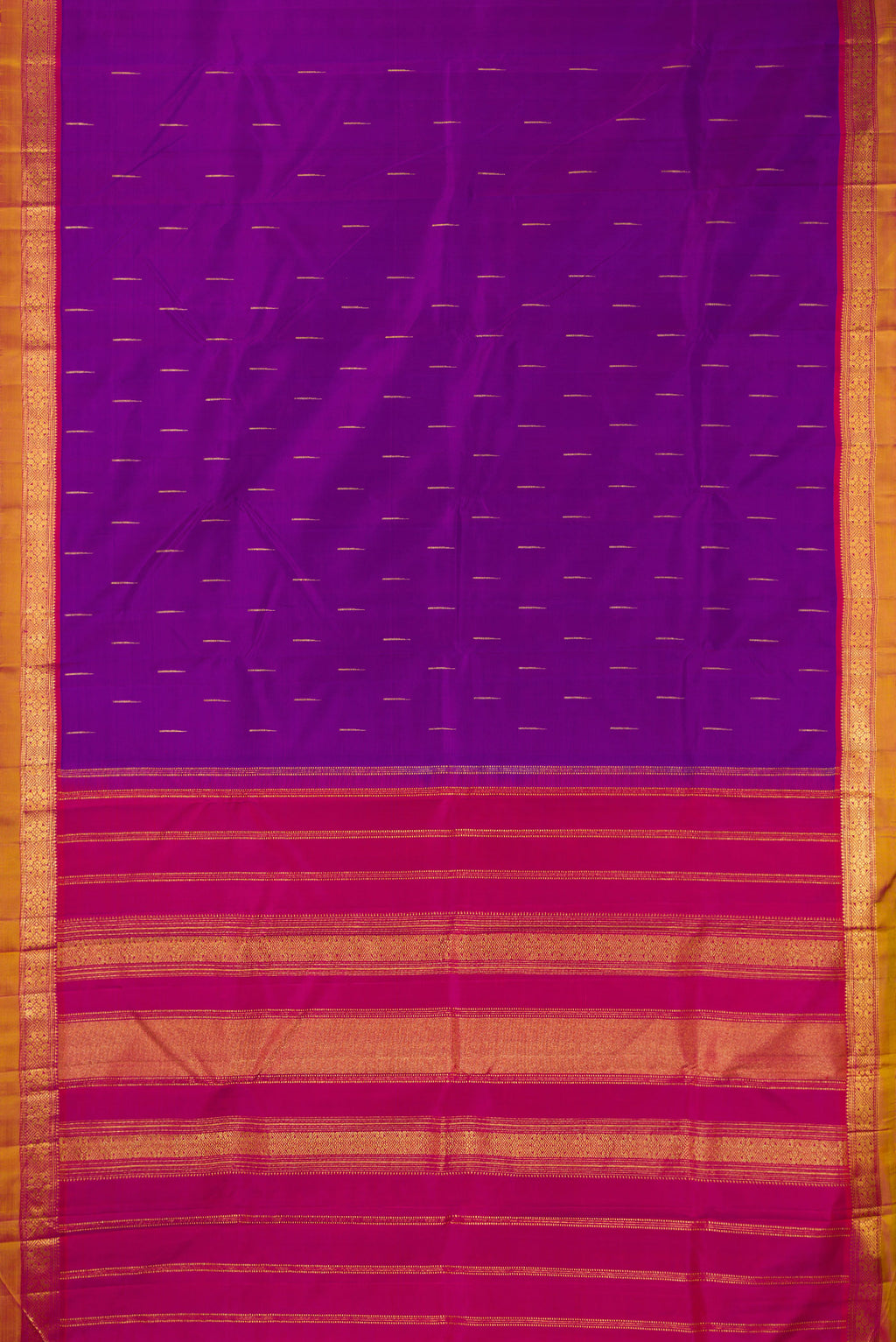 Flat view of Pure Silk Purple Kanchipuram Saree with Zari Butta on the body and Zari Border. 