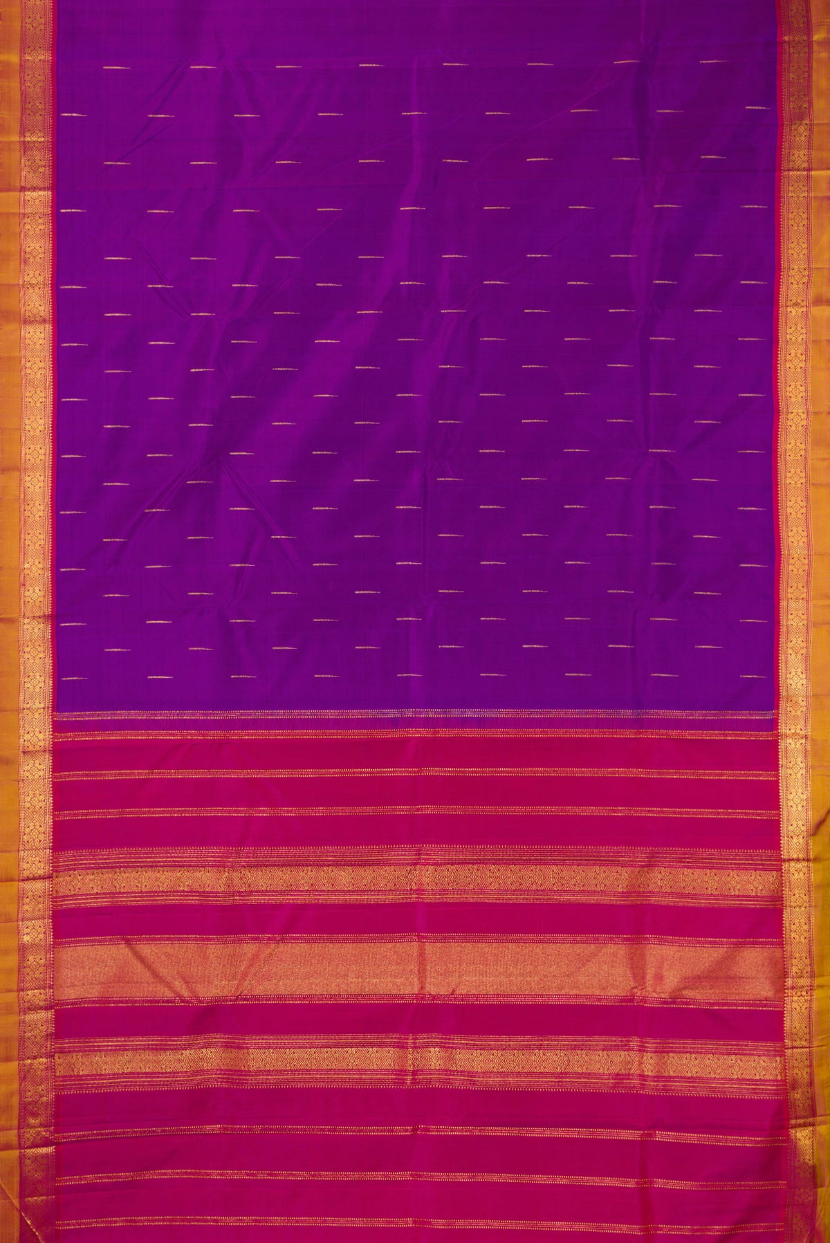 Flat view of Pure Silk Purple Kanchipuram Saree with Zari Butta on the body and Zari Border. 