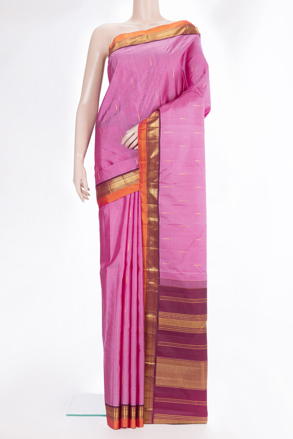 Pure Silk Pink Dual Tone Kanchipuram Saree with Zari Butta on the body and Zari Border.  displayed on a mannequin