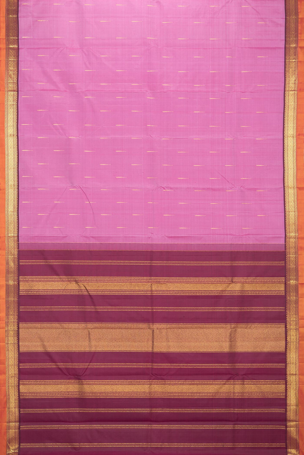 Flat view of Pure Silk Pink Dual Tone Kanchipuram Saree with Zari Butta on the body and Zari Border. 