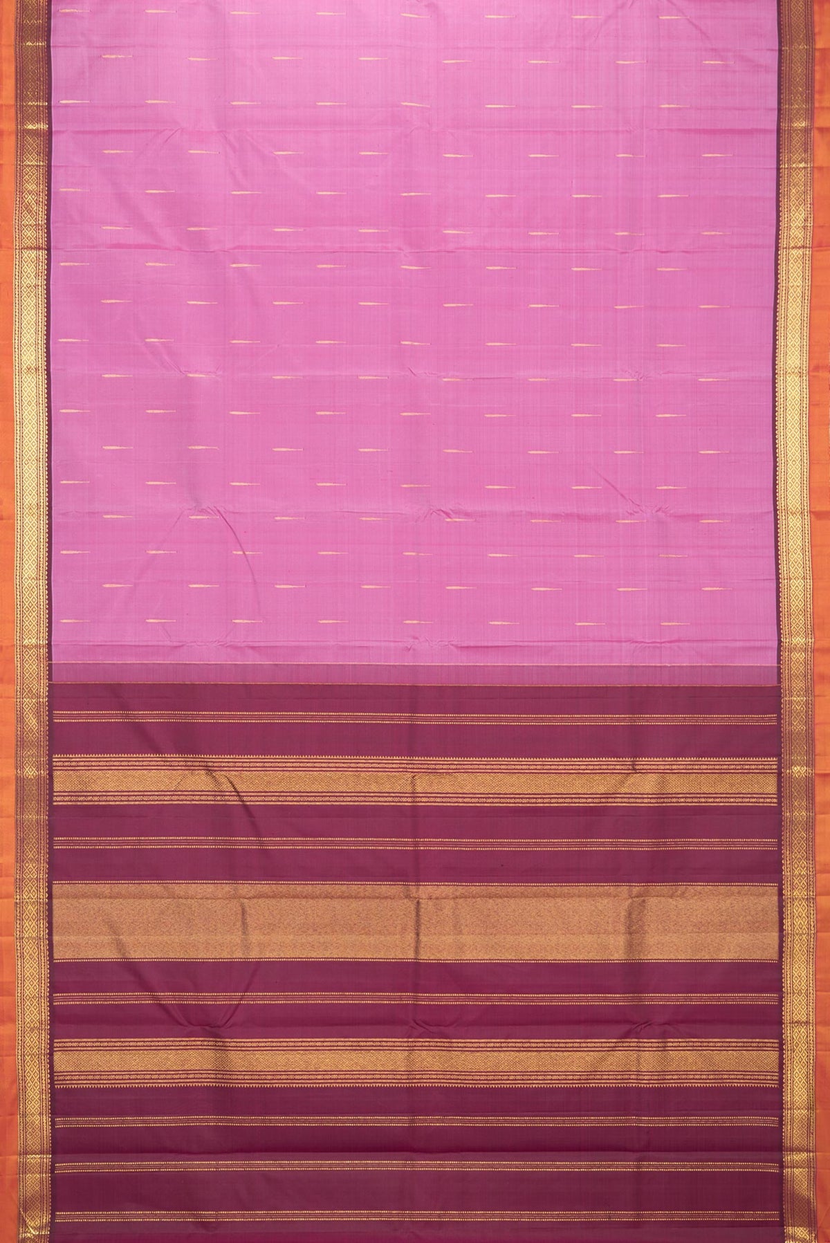 Flat view of Pure Silk Pink Dual Tone Kanchipuram Saree with Zari Butta on the body and Zari Border. 