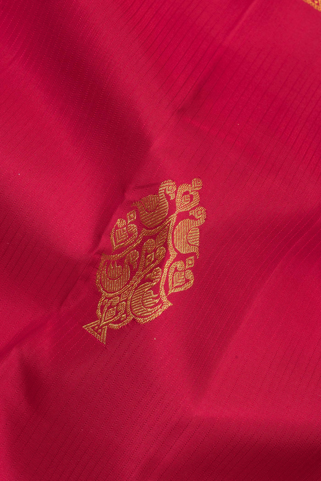 Close up of Pure Silk Red Kanchipuram Saree with Zari Butta on the body and Without Border.  displaying folds
