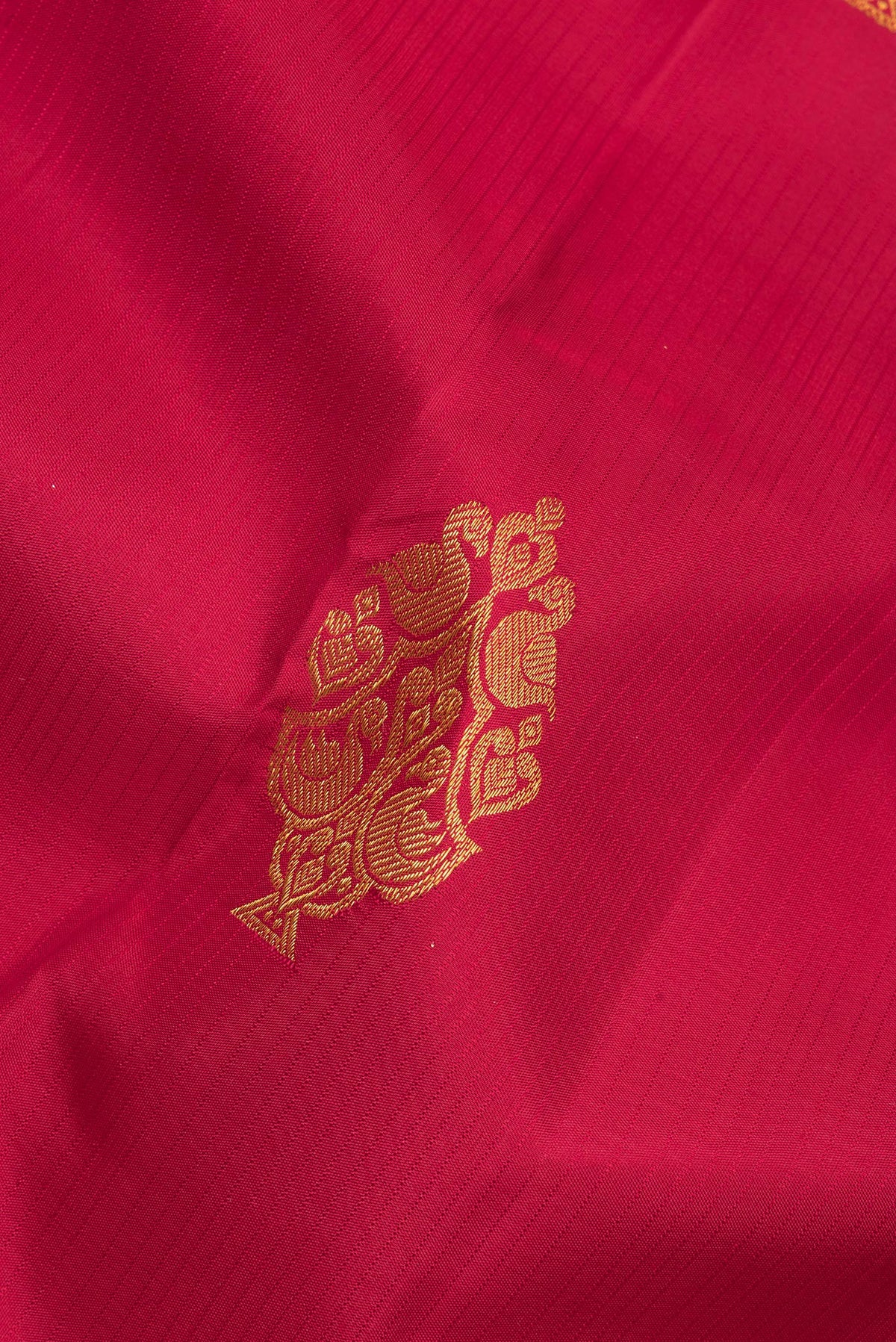 Close up of Pure Silk Red Kanchipuram Saree with Zari Butta on the body and Without Border.  displaying folds