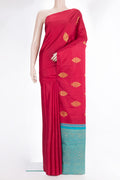 Pure Silk Red Kanchipuram Saree with Zari Butta on the body and Without Border.  displayed on a mannequin