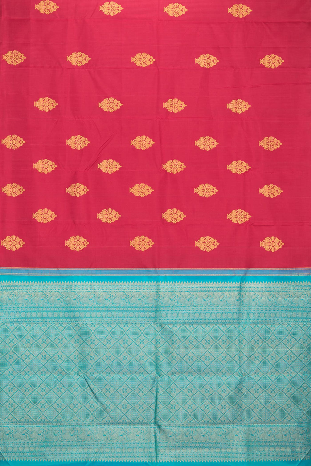 Flat view of Pure Silk Red Kanchipuram Saree with Zari Butta on the body and Without Border. 