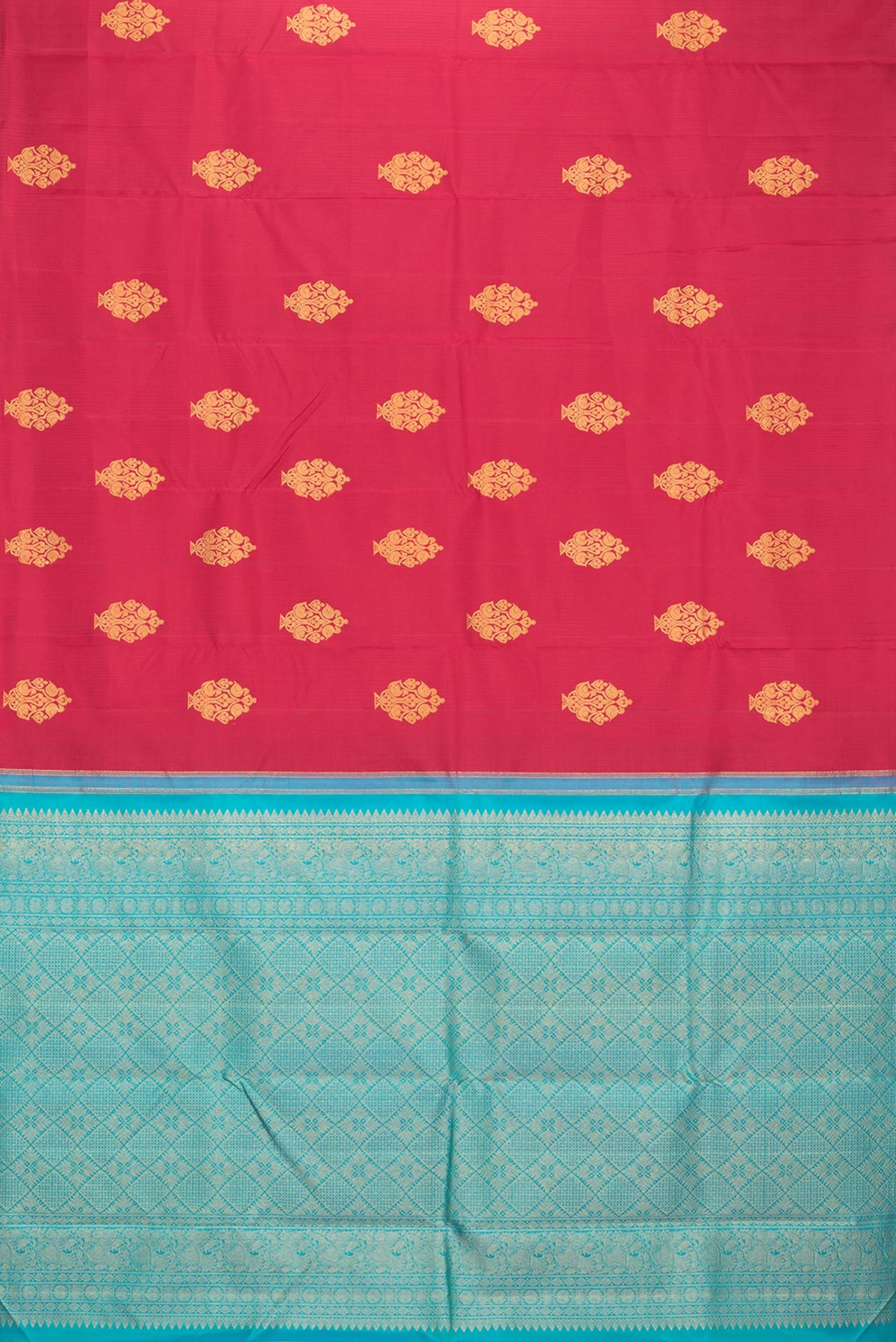 Flat view of Pure Silk Red Kanchipuram Saree with Zari Butta on the body and Without Border. 