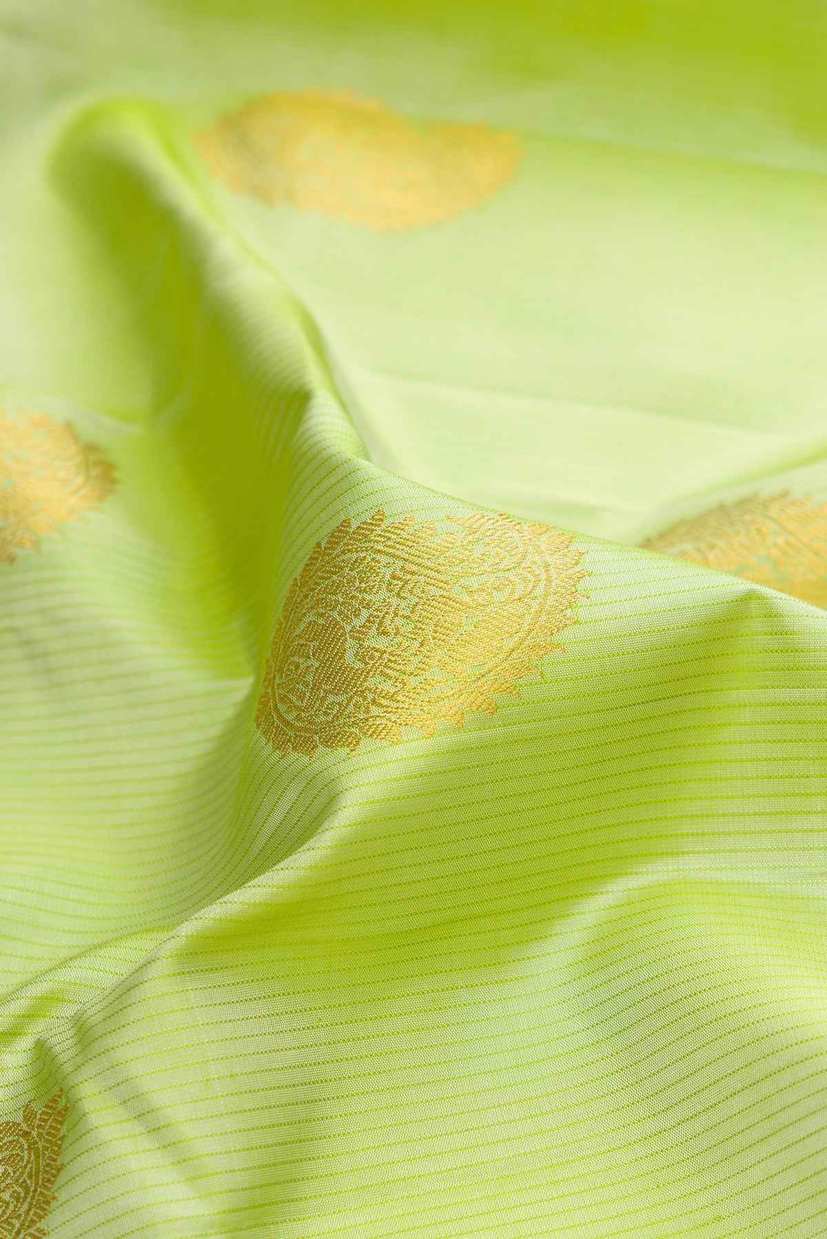 Close up of Pure Silk Pista Green Kanchipuram Saree with Zari Butta on the body and Without Border.  displaying folds