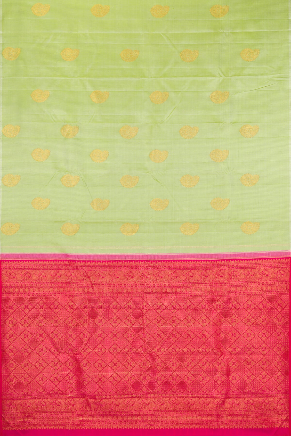 Flat view of Pure Silk Pista Green Kanchipuram Saree with Zari Butta on the body and Without Border. 