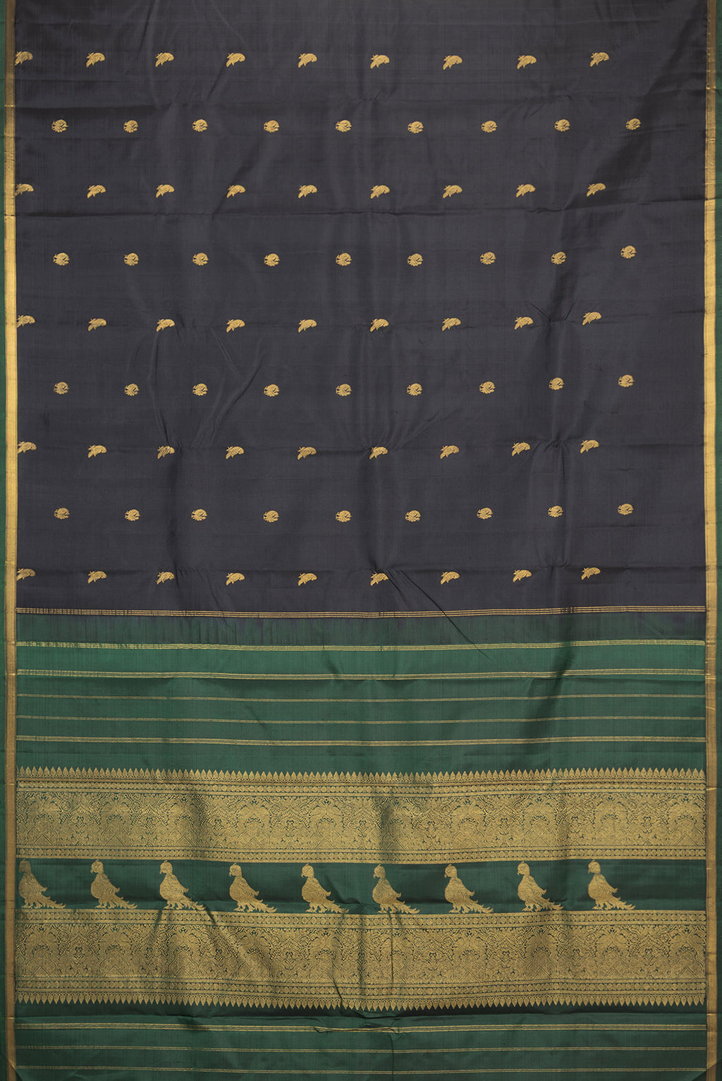 Flat view of Pure Silk Black Kanchipuram Saree with Zari Butta on the body and Zari Border. 