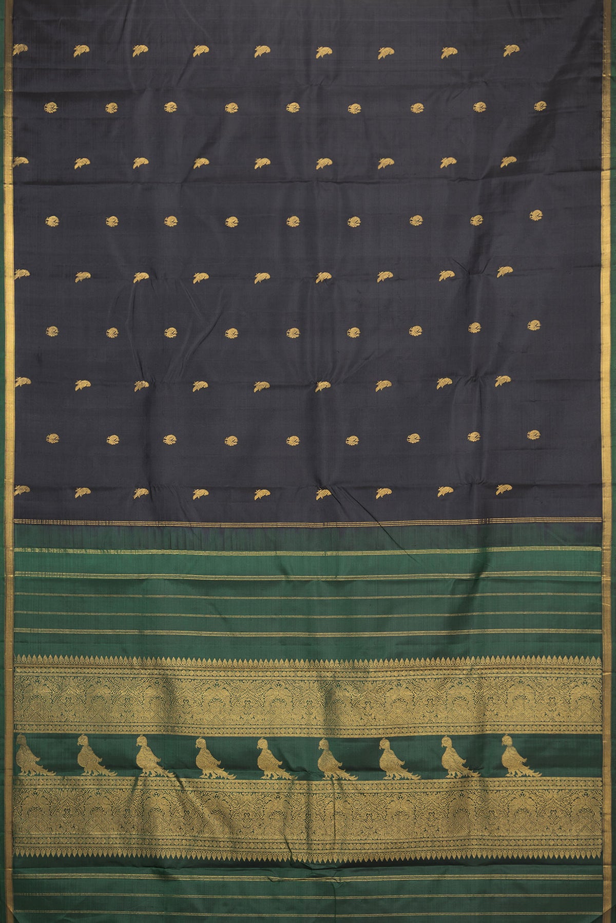 Flat view of Pure Silk Black Kanchipuram Saree with Zari Butta on the body and Zari Border. 