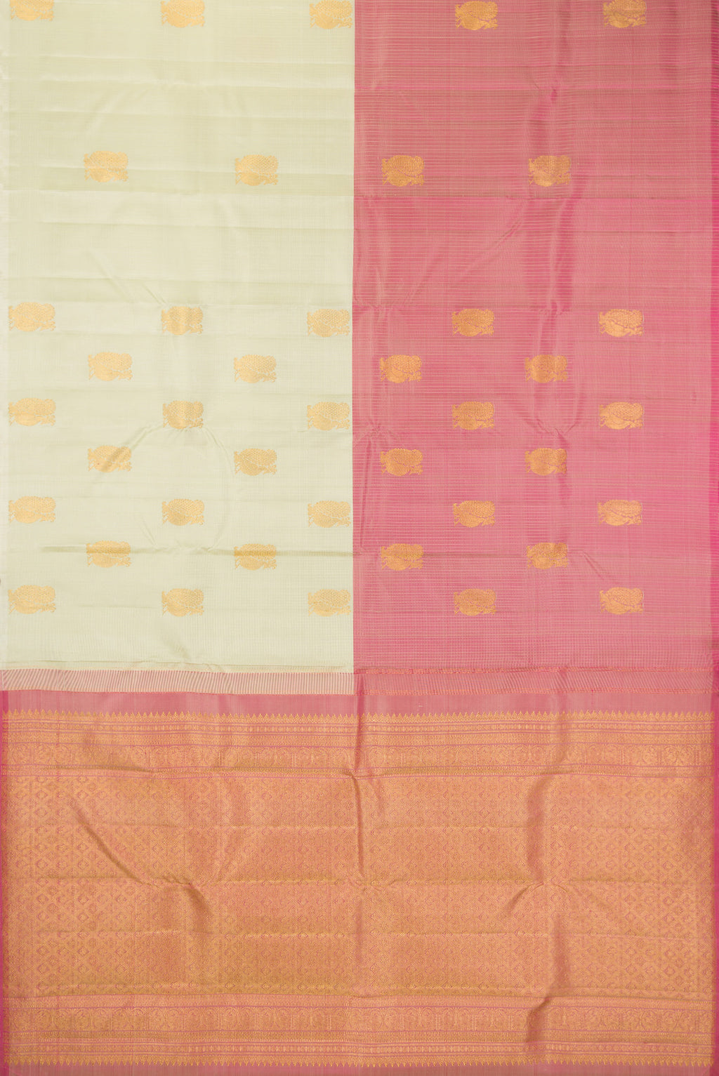 Flat view of Pure Silk Pista Green and Peach Color Kanchipuram Saree with Half And Half on the body and Without Border. 
