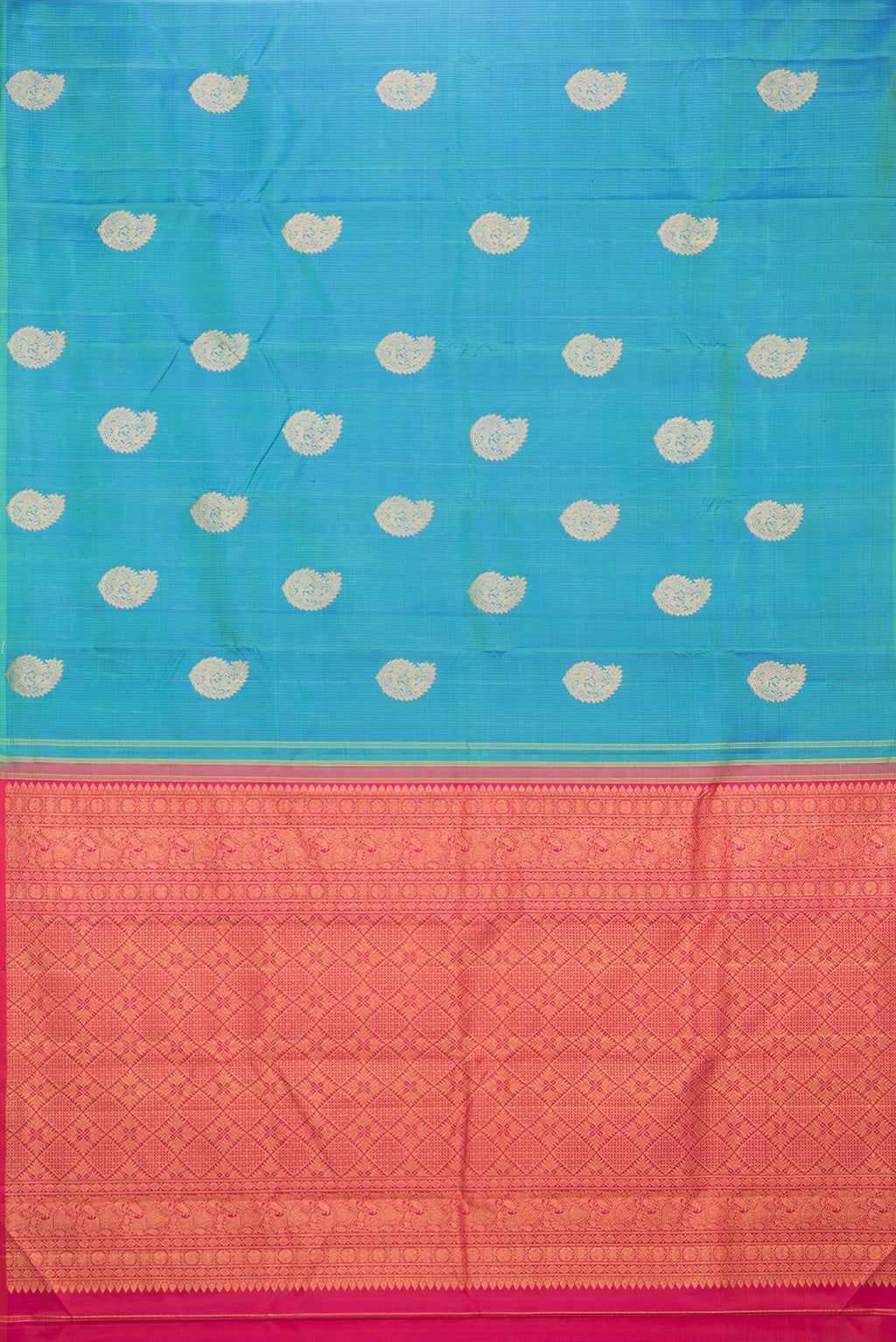 Flat view of Pure Silk Peacock Blue Dual Tone Kanchipuram Saree with Zari Butta on the body and Without Border. 