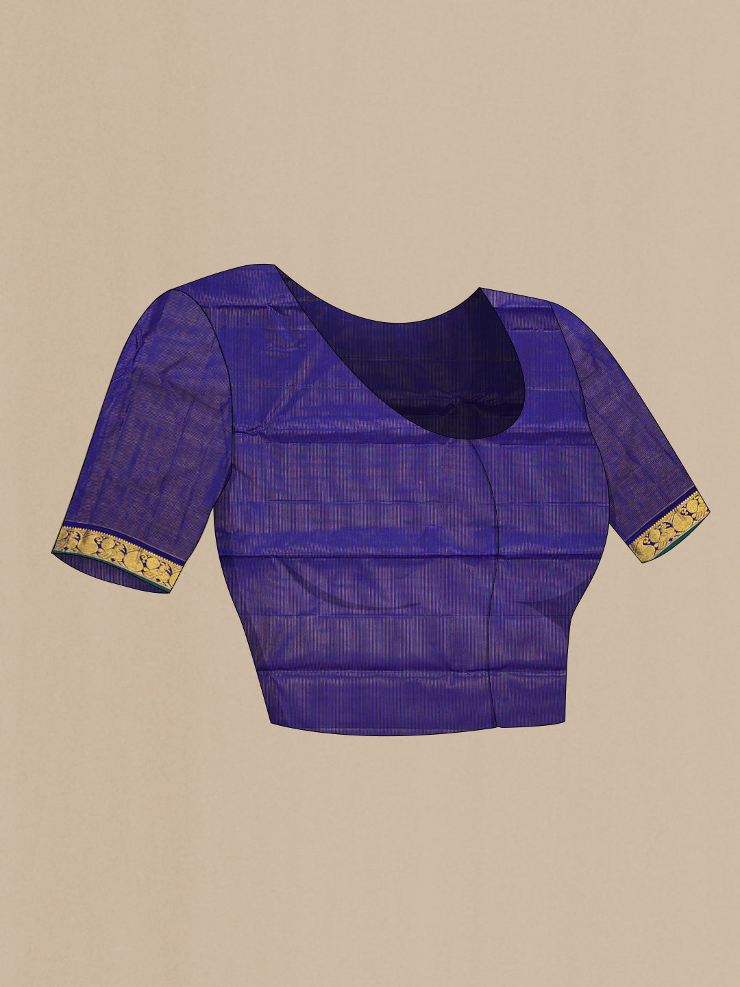 Close up image of the blouse of Pure Silk Royal Blue Kanchipuram Saree with Stripes on the body and Fancy Border. 