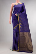 Pure Silk Royal Blue Kanchipuram Saree with Stripes on the body and Fancy Border.  displayed on a mannequin