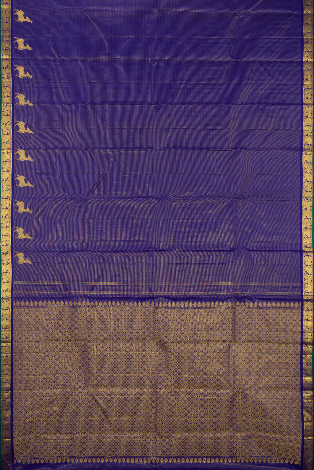 Flat view of Pure Silk Royal Blue Kanchipuram Saree with Stripes on the body and Fancy Border. 
