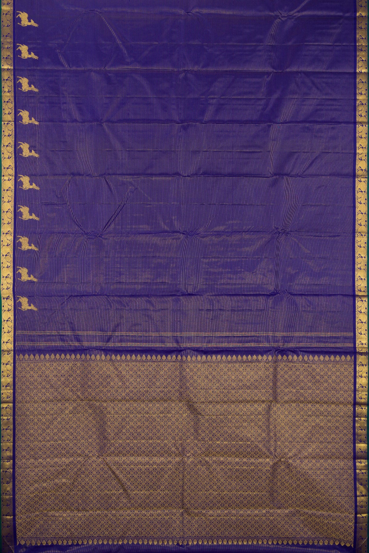 Flat view of Pure Silk Royal Blue Kanchipuram Saree with Stripes on the body and Fancy Border. 
