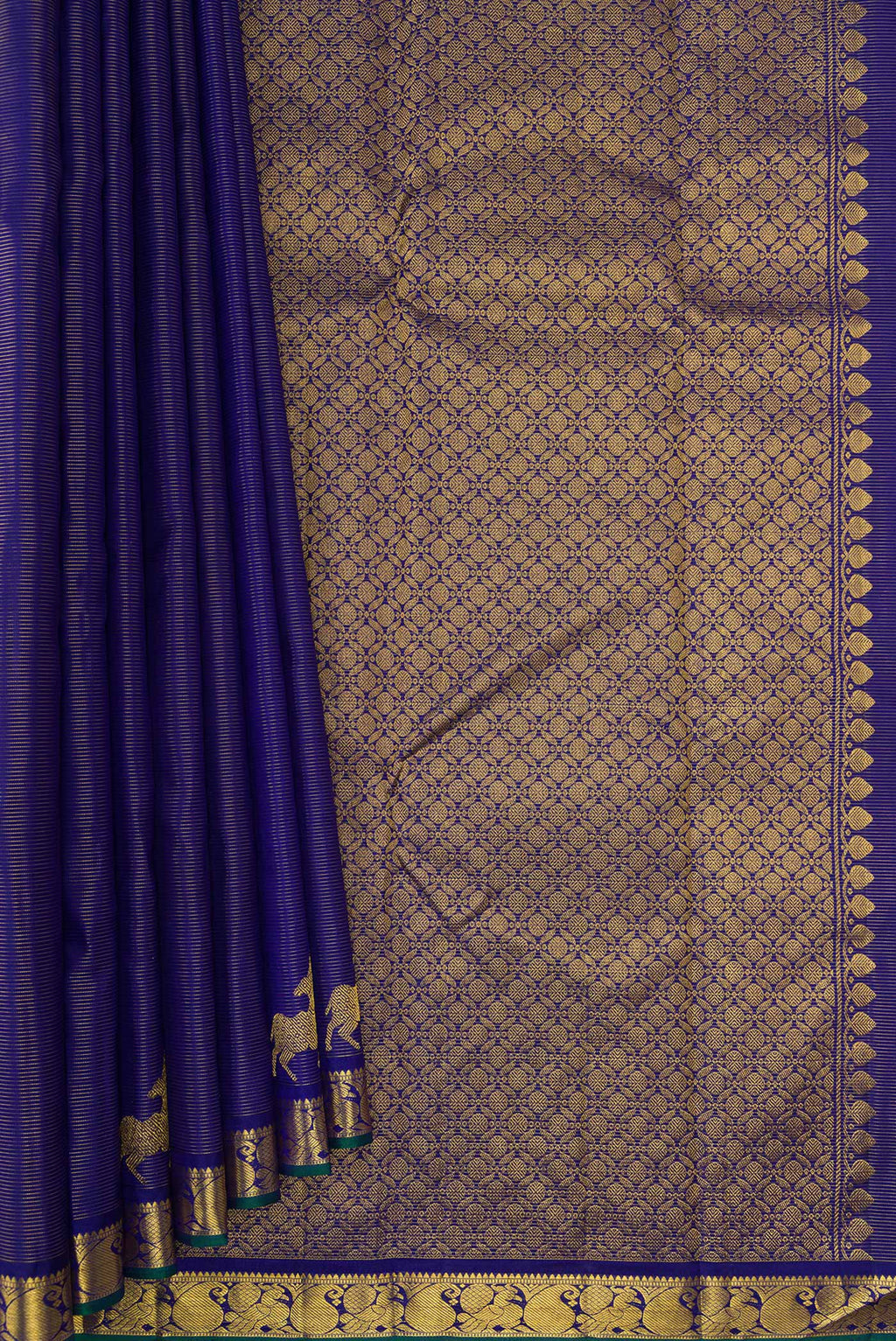Pleats and pallu of Pure Silk Royal Blue Kanchipuram Saree with Stripes on the body and Fancy Border. 