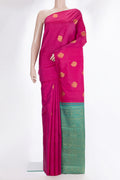 Pure Silk Dark Pink Kanchipuram Saree with Zari Butta on the body and Without Border.  displayed on a mannequin