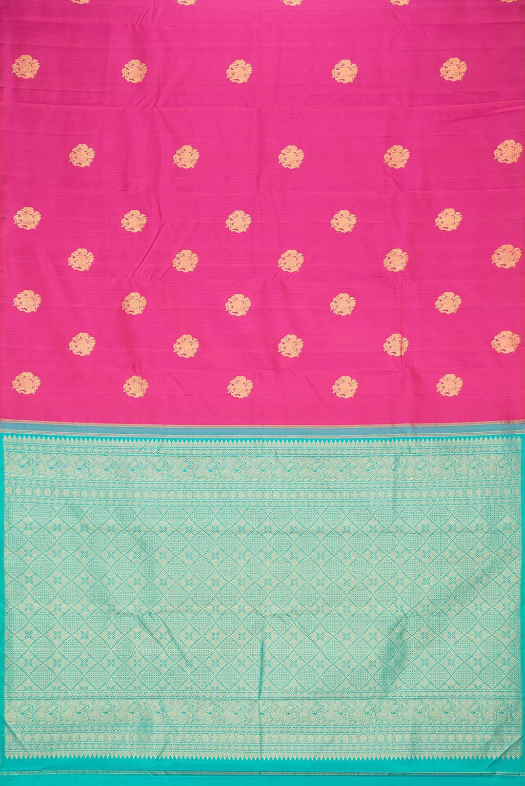 Flat view of Pure Silk Dark Pink Kanchipuram Saree with Zari Butta on the body and Without Border. 
