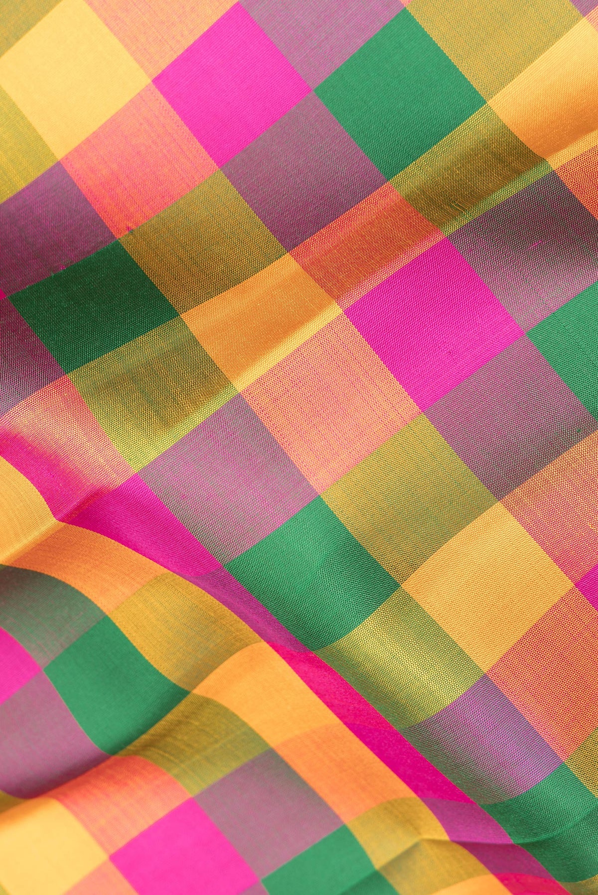 Close up of Pure Silk Multi Color Kanchipuram Saree with Checked design on the body and Zari Border.  displaying folds