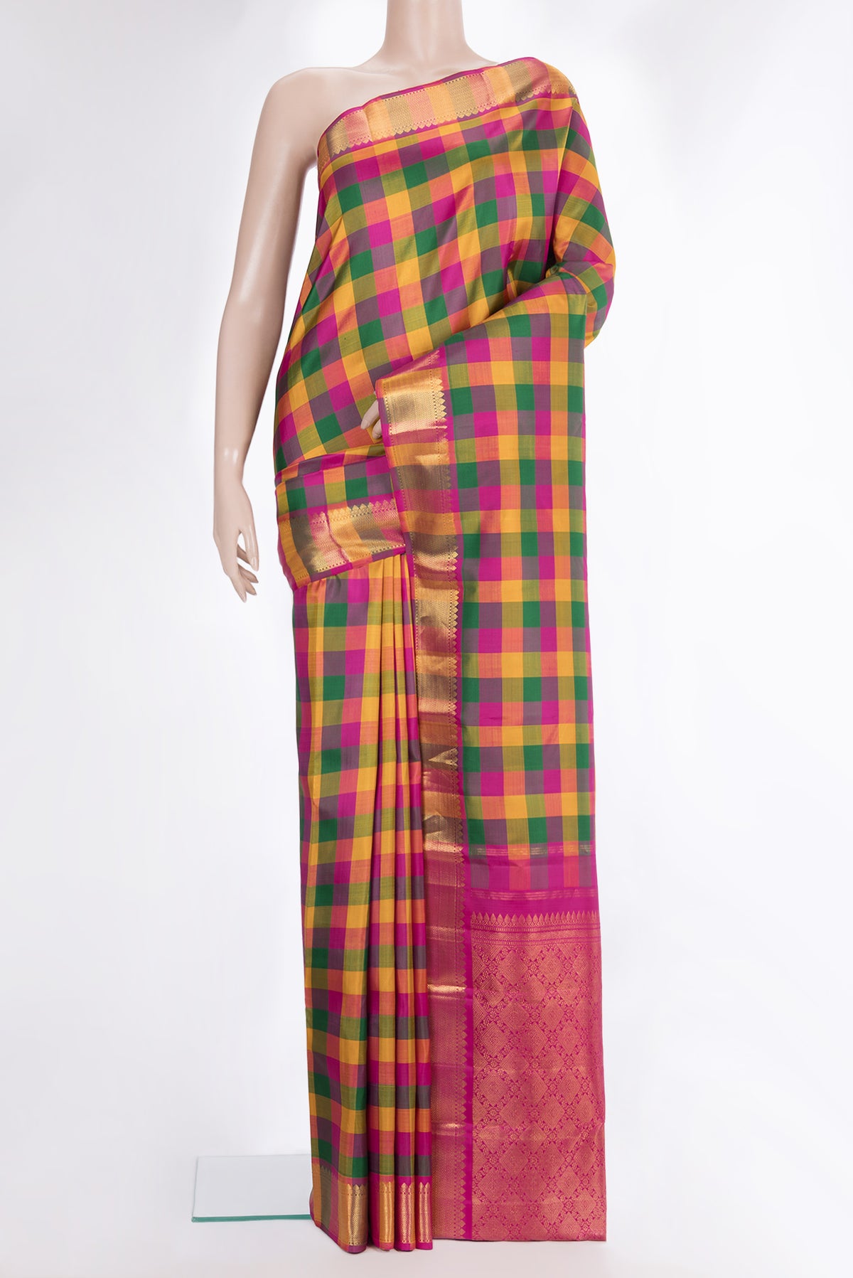 Pure Silk Multi Color Kanchipuram Saree with Checked design on the body and Zari Border.  displayed on a mannequin